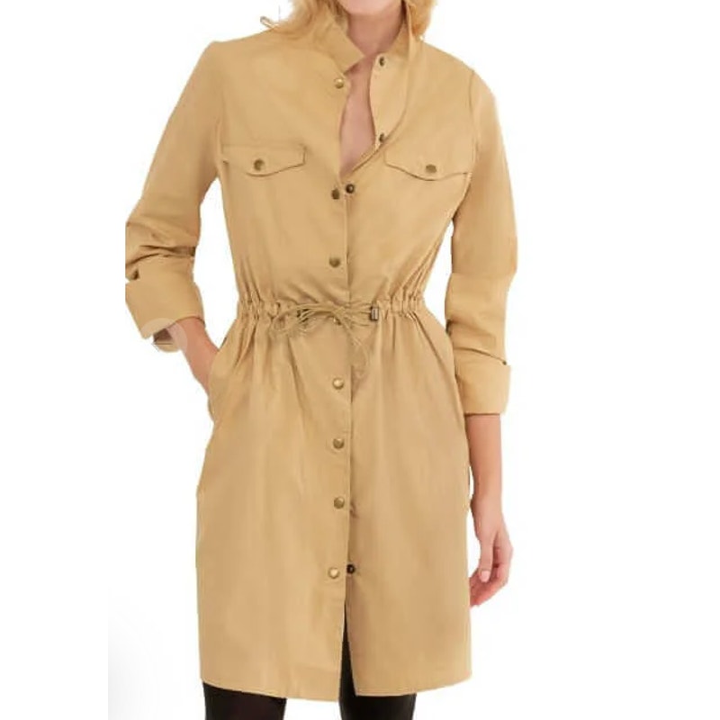 Gretchen Scott Cotton Snap Front Safari Shirt Dress Sz Xs Khaki Utility Drawcord